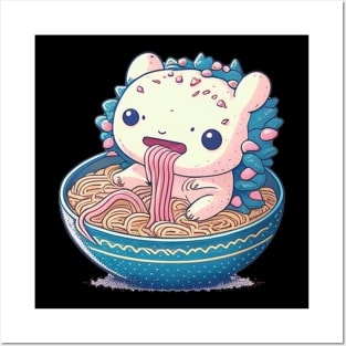 Cute Axolotl Eating Ramen Kawaii Retro Vintage 90s Vibes Posters and Art